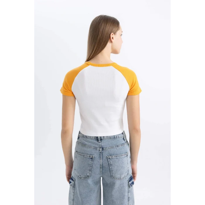 Defacto C5720 Turuncu Coool Fitted Bisiklet Yaka Baskılı Fitilli Kaşkorse Kısa Kollu Tişört