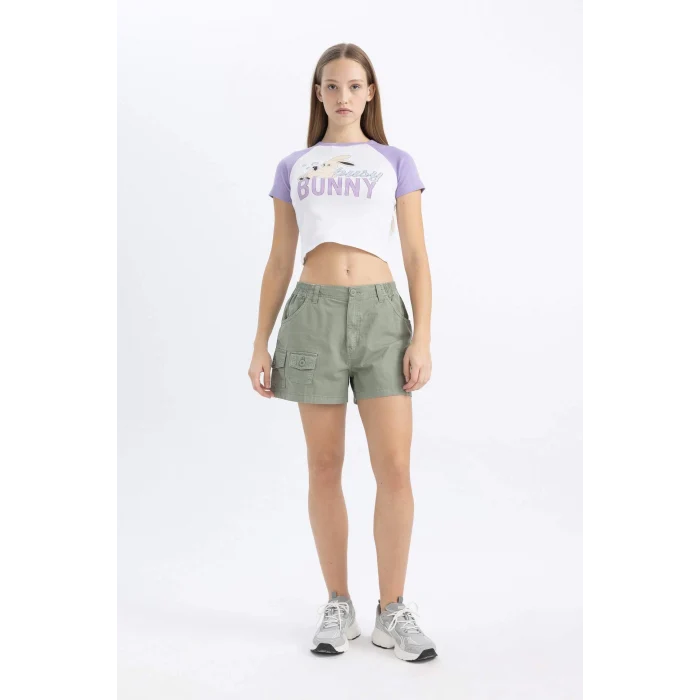 Defacto C5721 Mor Coool Fitted Bisiklet Yaka Baskılı Fitilli Kaşkorse Kısa Kollu Tişört