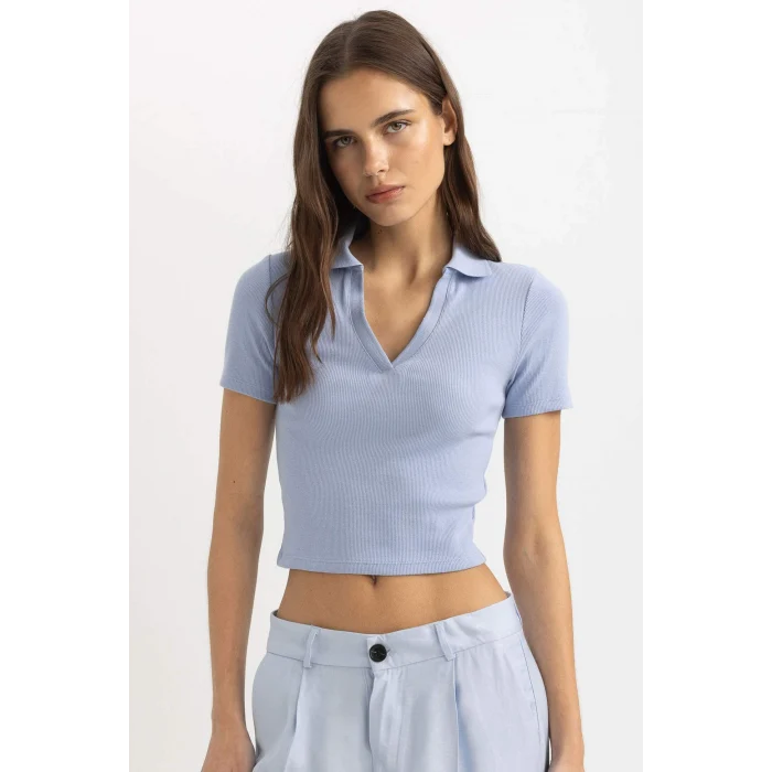 Defacto C4076 Mavi Slim Fit Dar Kesim Fitilli Kaşkorse Kısa Kollu Polo Tişört