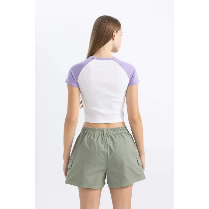 Defacto C5721 Mor Coool Fitted Bisiklet Yaka Baskılı Fitilli Kaşkorse Kısa Kollu Tişört