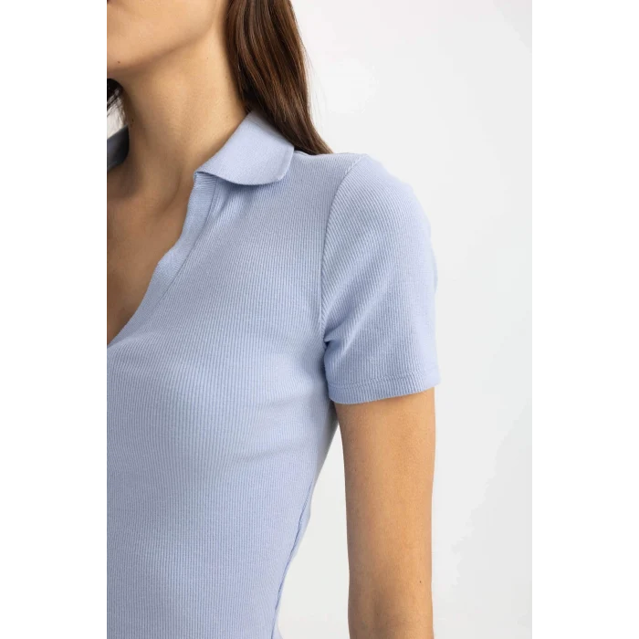 Defacto C4076 Mavi Slim Fit Dar Kesim Fitilli Kaşkorse Kısa Kollu Polo Tişört