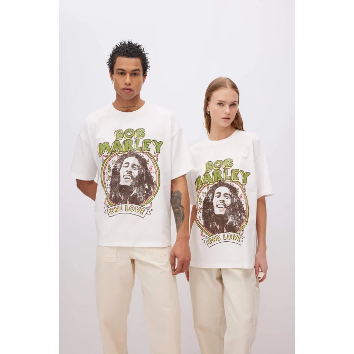 Defacto C5039 Beyaz Unisex Bob Marley One Love Oversize Geniş Kalıp Bisiklet Yaka Kısa Kollu Tişört