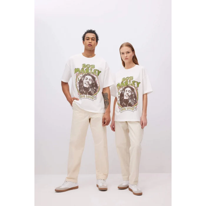 Defacto C5039 Beyaz Unisex Bob Marley One Love Oversize Geniş Kalıp Bisiklet Yaka Kısa Kollu Tişört