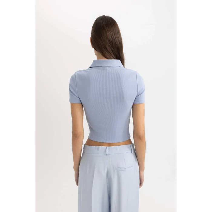 Defacto C4076 Mavi Slim Fit Dar Kesim Fitilli Kaşkorse Kısa Kollu Polo Tişört