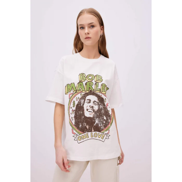 Defacto C5039 Beyaz Unisex Bob Marley One Love Oversize Geniş Kalıp Bisiklet Yaka Kısa Kollu Tişört