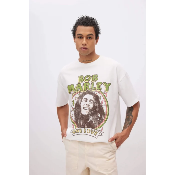 Defacto C5039 Beyaz Unisex Bob Marley One Love Oversize Geniş Kalıp Bisiklet Yaka Kısa Kollu Tişört