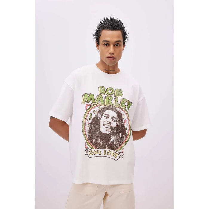 Defacto C5039 Beyaz Unisex Bob Marley One Love Oversize Geniş Kalıp Bisiklet Yaka Kısa Kollu Tişört