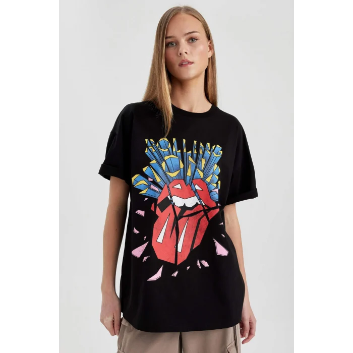 Defacto C3771 Siyah Rolling Stones Oversize Geniş Kalıp Bisiklet Yaka Kısa Kollu Tişört