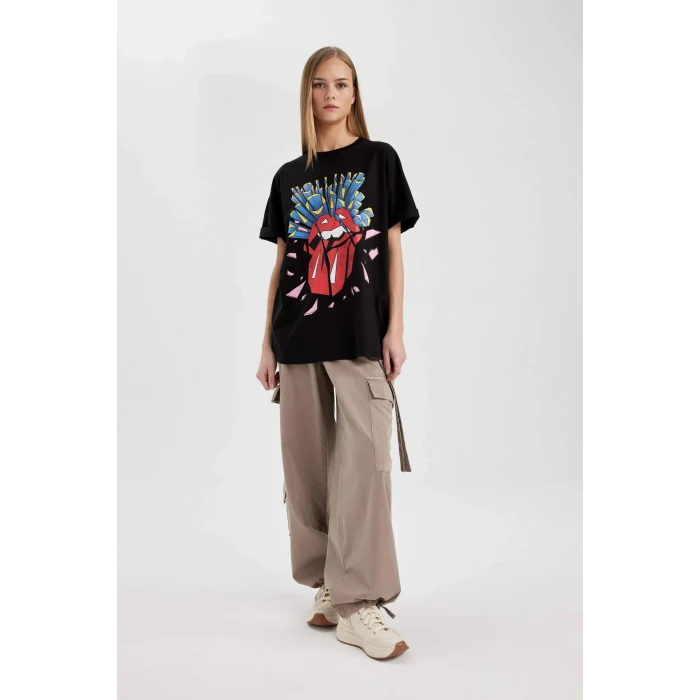 Defacto C3771 Siyah Rolling Stones Oversize Geniş Kalıp Bisiklet Yaka Kısa Kollu Tişört