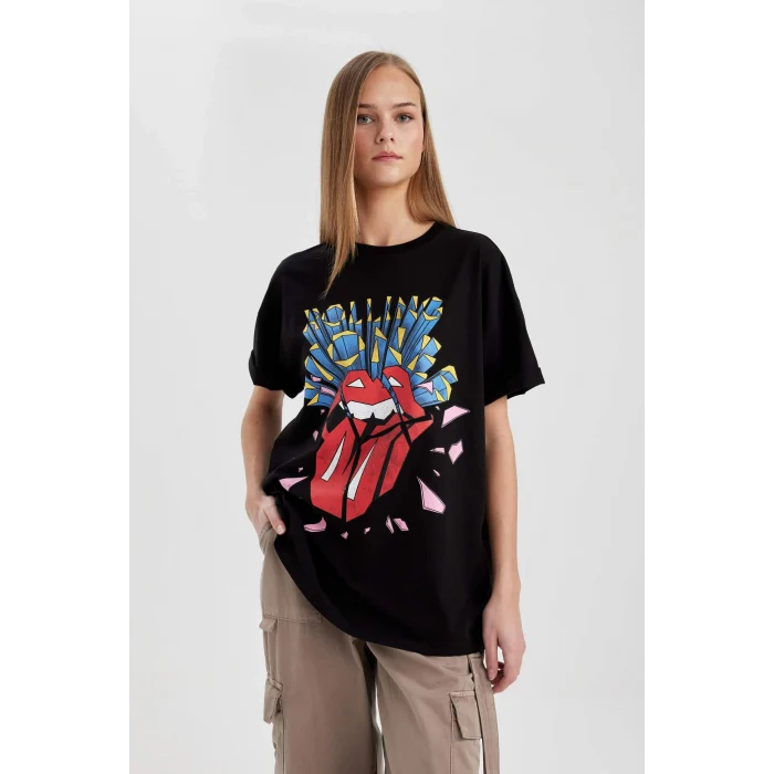 Defacto C3771 Siyah Rolling Stones Oversize Geniş Kalıp Bisiklet Yaka Kısa Kollu Tişört