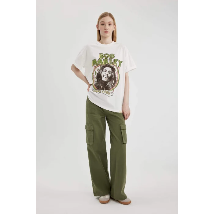 Defacto C5039 Beyaz Unisex Bob Marley One Love Oversize Geniş Kalıp Bisiklet Yaka Kısa Kollu Tişört