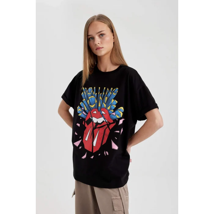 Defacto C3771 Siyah Rolling Stones Oversize Geniş Kalıp Bisiklet Yaka Kısa Kollu Tişört