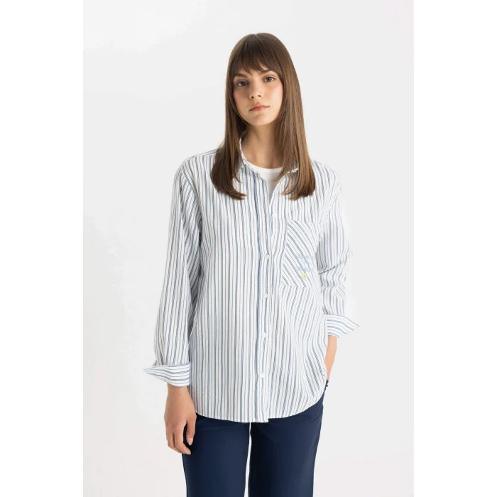 Defacto C8854 Mavi Relax Fit Çizgili Uzun Kollu Flamlı Pamuk Gömlek Tunik