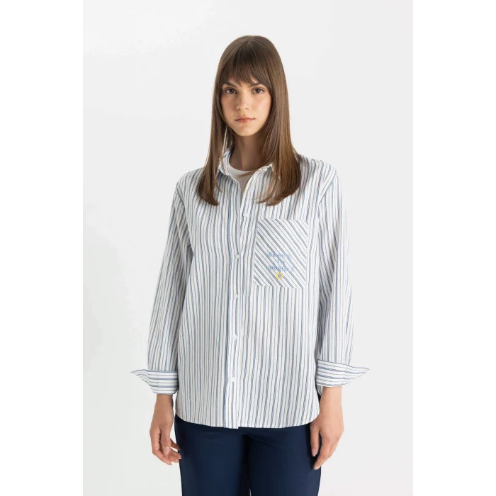 Defacto C8854 Mavi Relax Fit Çizgili Uzun Kollu Flamlı Pamuk Gömlek Tunik