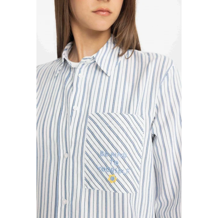 Defacto C8854 Mavi Relax Fit Çizgili Uzun Kollu Flamlı Pamuk Gömlek Tunik