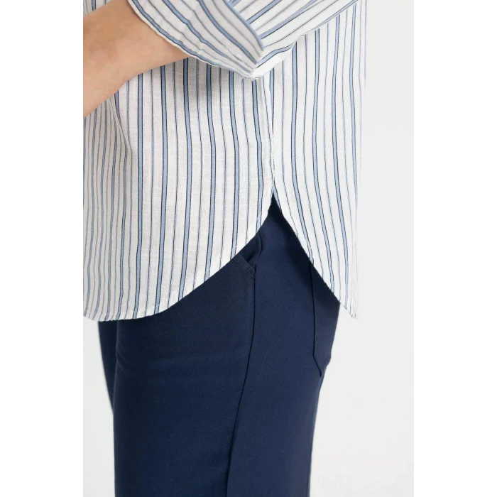 Defacto C8854 Mavi Relax Fit Çizgili Uzun Kollu Flamlı Pamuk Gömlek Tunik