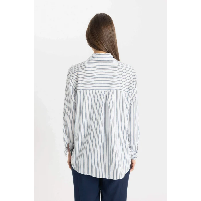 Defacto C8854 Mavi Relax Fit Çizgili Uzun Kollu Flamlı Pamuk Gömlek Tunik