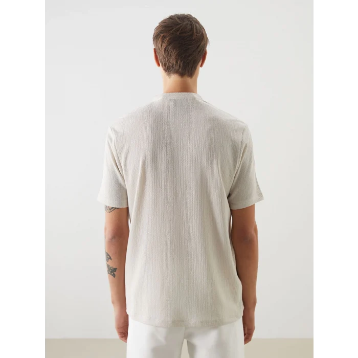 LCW Vision Bej Hakim Yaka Desenli Düğmeli Erkek Dokulu Tişört