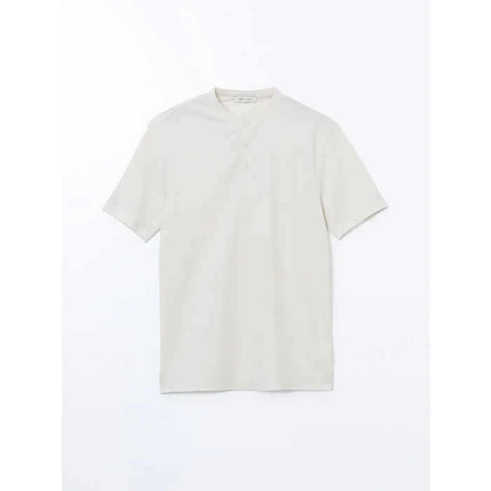 LCW Vision Bej Hakim Yaka Desenli Düğmeli Erkek Dokulu Tişört