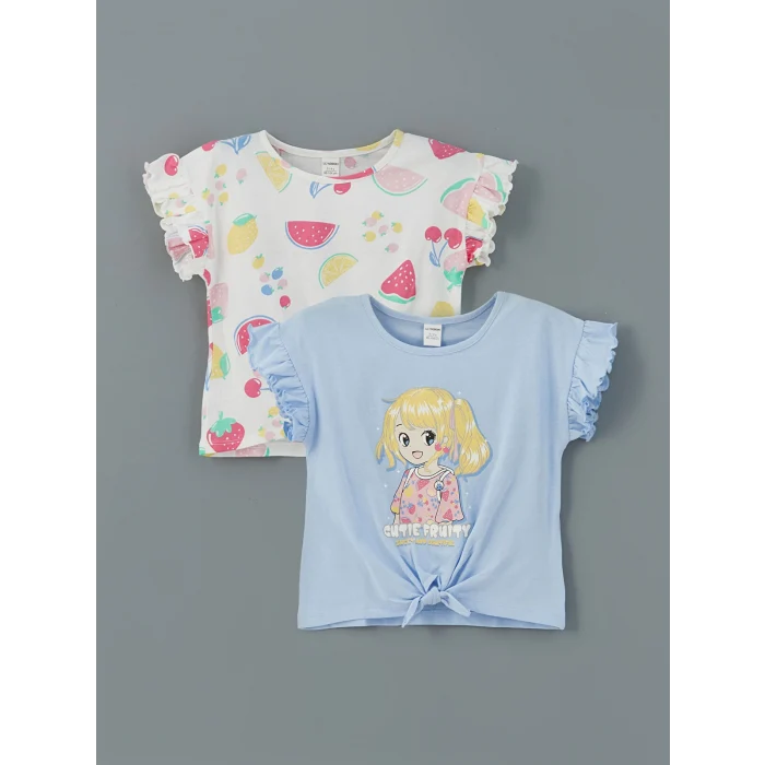 LCW Kids Lila Baskılı Penye Fırfırlı Kız Çocuk Tişört 2li