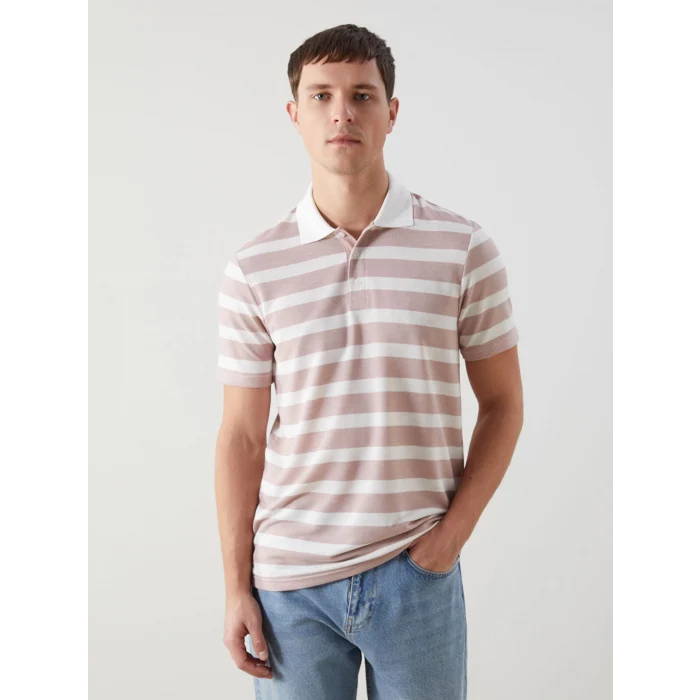 LCWAIKIKI Classic Pembe Polo Yaka Kısa Kollu Çizgili Erkek Tişört