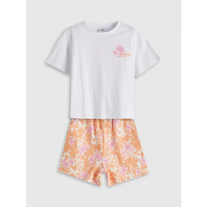 LCW Kids Beyaz Bisiklet Yaka Çiçekli Kız Çocuk Tişört ve Şort