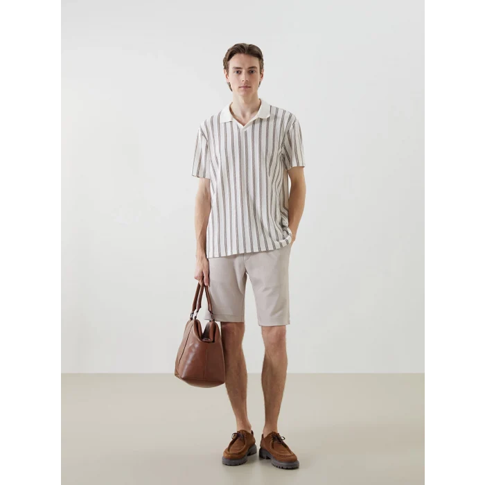 LCW Vision Bej Polo Yaka Kısa Kollu Çizgili Erkek Tişört