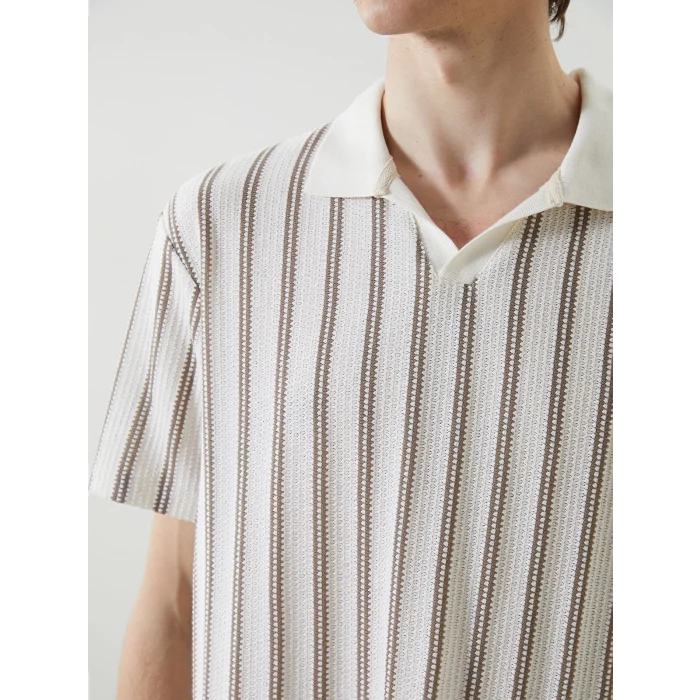 LCW Vision Bej Polo Yaka Kısa Kollu Çizgili Erkek Tişört