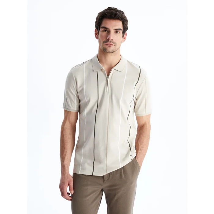 LCW Vision Bej Polo Yaka Kısa Kollu Çizgili Pike Erkek Tişört