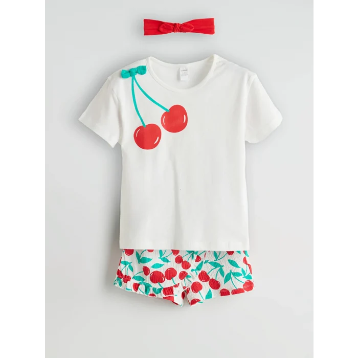 LCW baby Ekru Kız Bebek Tişört Şort Saç Bandı 3lü Takım