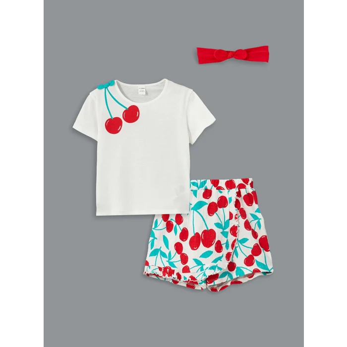 LCW baby Ekru Kız Bebek Tişört Şort Saç Bandı 3lü Takım