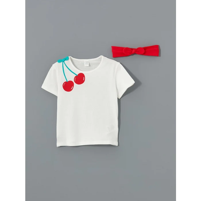 LCW baby Ekru Kız Bebek Tişört Şort Saç Bandı 3lü Takım