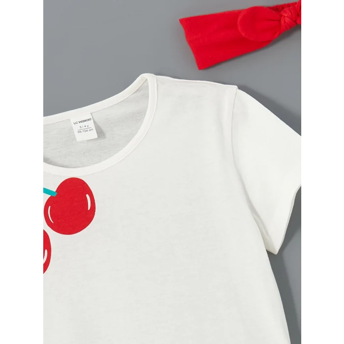 LCW baby Ekru Kız Bebek Tişört Şort Saç Bandı 3lü Takım