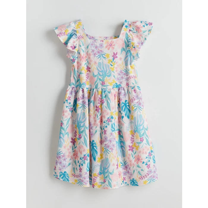 LC WAIKIKI Beyaz Çiçekli Diz Üstü Fırfırlı Kız Çocuk Elbise