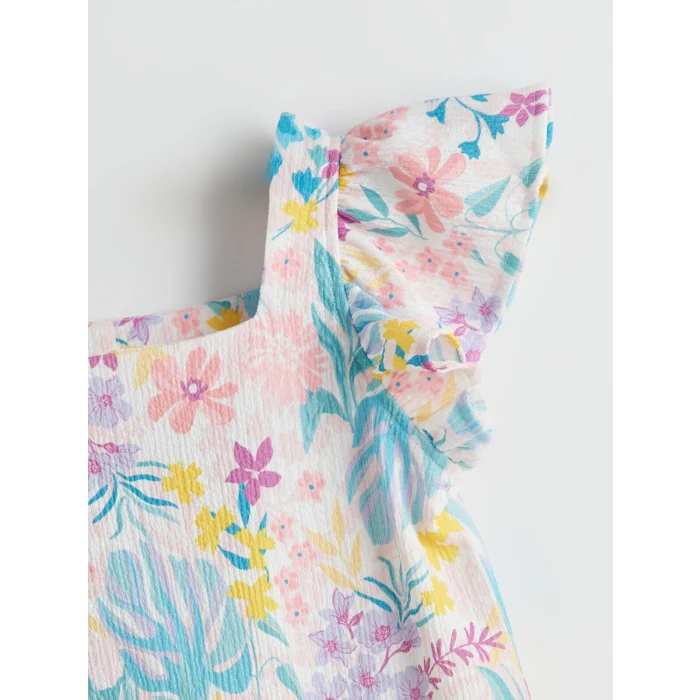 LC WAIKIKI Beyaz Çiçekli Diz Üstü Fırfırlı Kız Çocuk Elbise