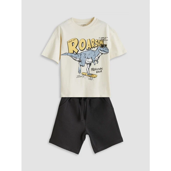 LCW Kids Bej Dinozor Baskılı Erkek Çocuk Tişört ve Şort 2li