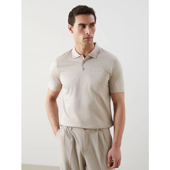 LCWAIKIKI Classic Bej Polo Yaka Kısa Kollu Merserize Görünümlü Erkek Tişört