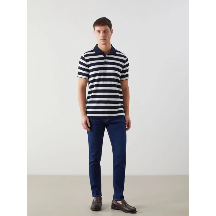LCWAIKIKI Classic Lacivert Polo Yaka Kısa Kollu Çizgili Erkek Tişört