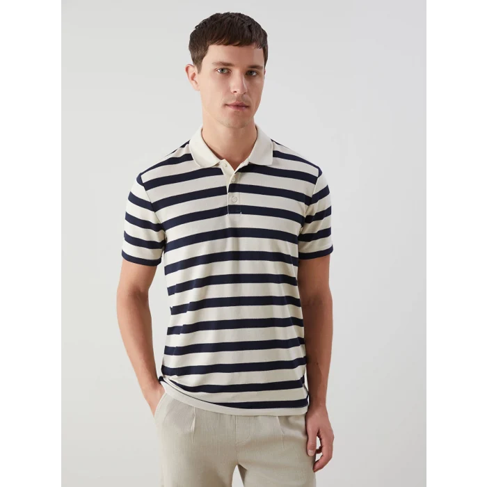LCWAIKIKI Classic Bej Polo Yaka Kısa Kollu Çizgili Erkek Tişört