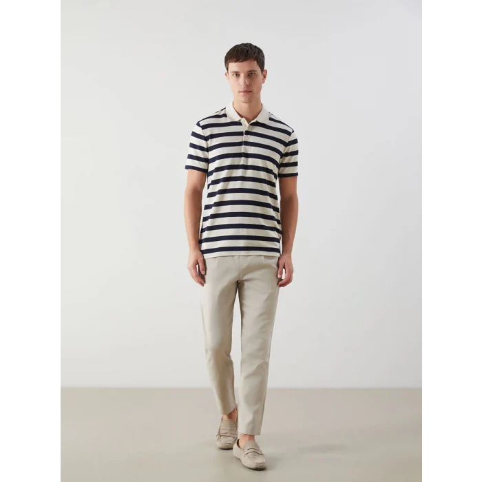 LCWAIKIKI Classic Bej Polo Yaka Kısa Kollu Çizgili Erkek Tişört