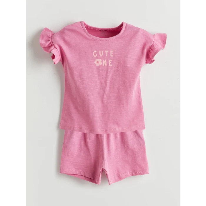 LCW baby Pembe Bisiklet Yaka Kız Bebek Şortlu Pijama Takımı