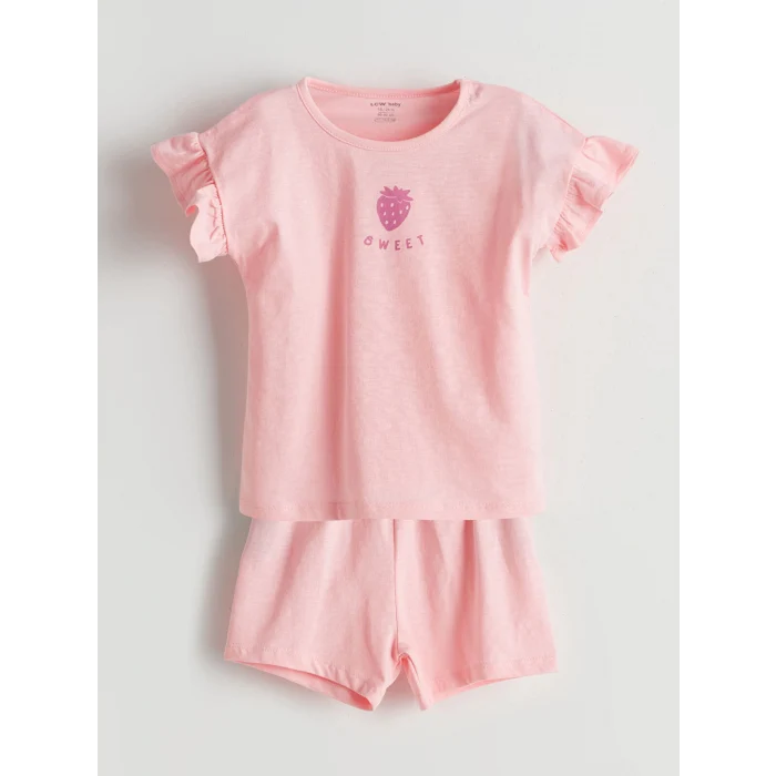 LCW baby Pembe Bisiklet Yaka Kız Bebek Şortlu Pijama Takımı
