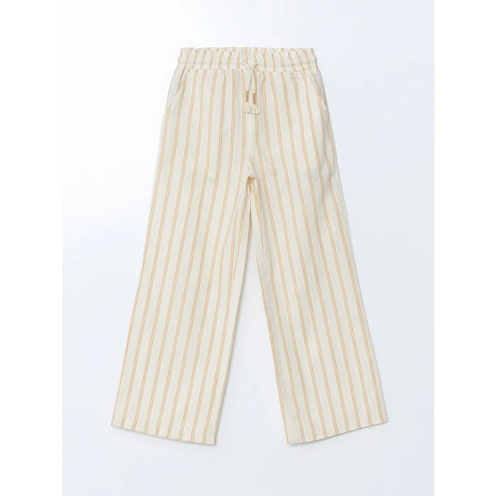 LCW Kids Bej Beli Lastikli Çizgili Kız Çocuk Pantolon