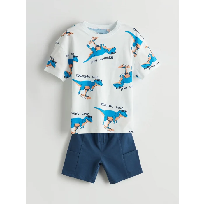 LCW Kids Ekru Dinozor Baskılı Erkek Çocuk Tişört ve Şort 2li