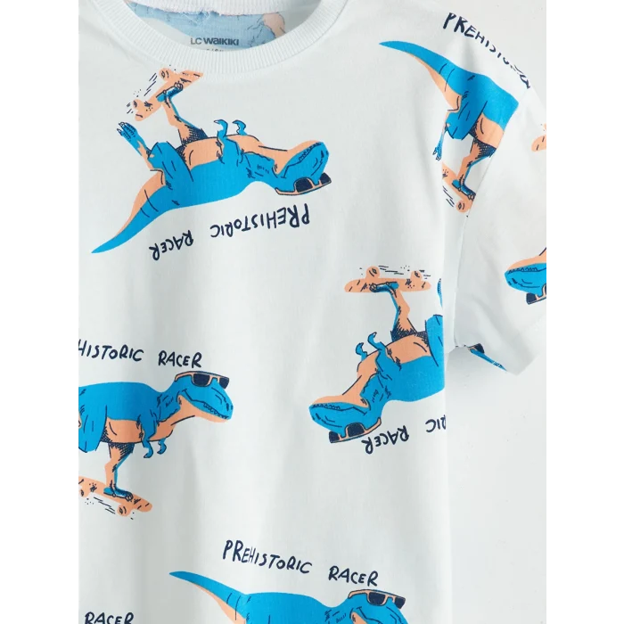 LCW Kids Ekru Dinozor Baskılı Erkek Çocuk Tişört ve Şort 2li