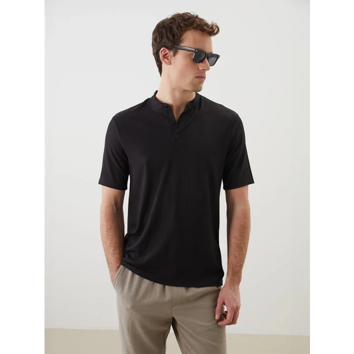 LCW Vision Siyah Hakim Yaka Desenli Düğmeli Erkek Dokulu Tişört