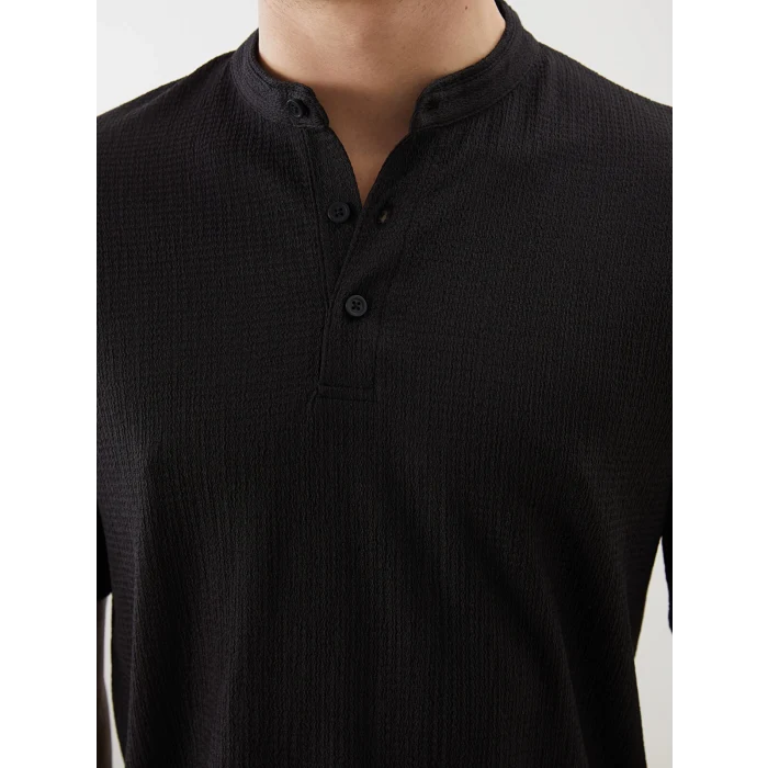 LCW Vision Siyah Hakim Yaka Desenli Düğmeli Erkek Dokulu Tişört