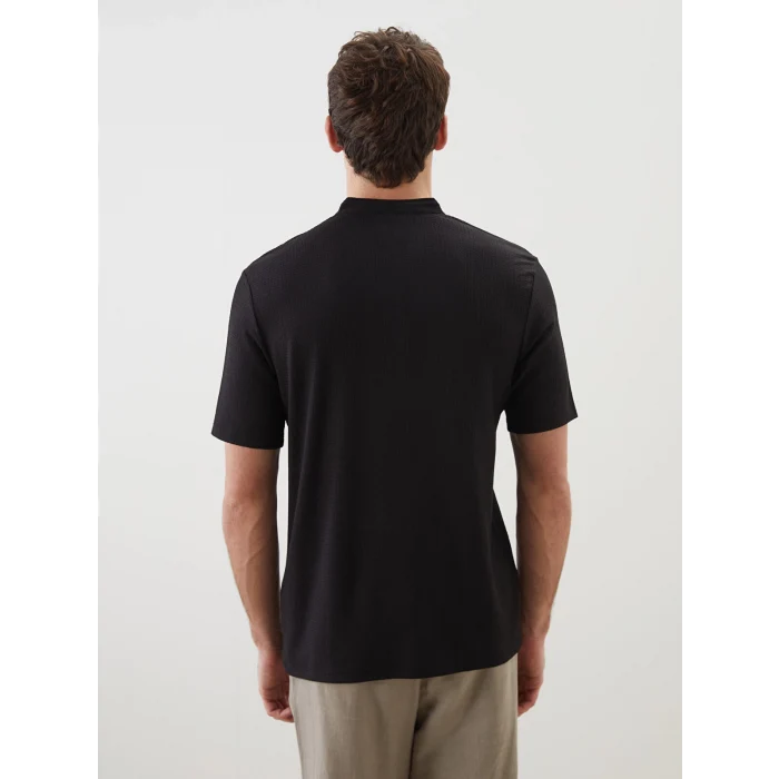 LCW Vision Siyah Hakim Yaka Desenli Düğmeli Erkek Dokulu Tişört