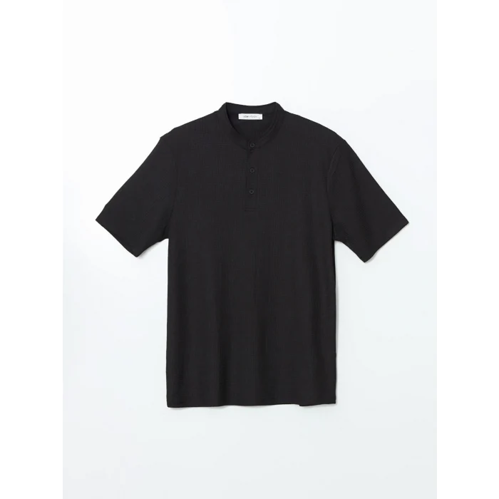 LCW Vision Siyah Hakim Yaka Desenli Düğmeli Erkek Dokulu Tişört