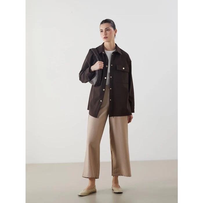 LCW Modest Bej Beli Lastikli Geniş Paça Kadın Pantolon